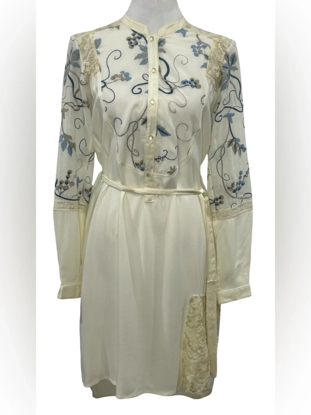 Tiny Ivory Boho Festival Shirt Dress Embroidered Lace XS S Country Cottagecore - Picture 3 of 16